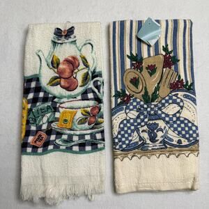 Vintage Woolworth Kitchen Tea Towels Set 2 Cotton Fruit Utensils Country NEW